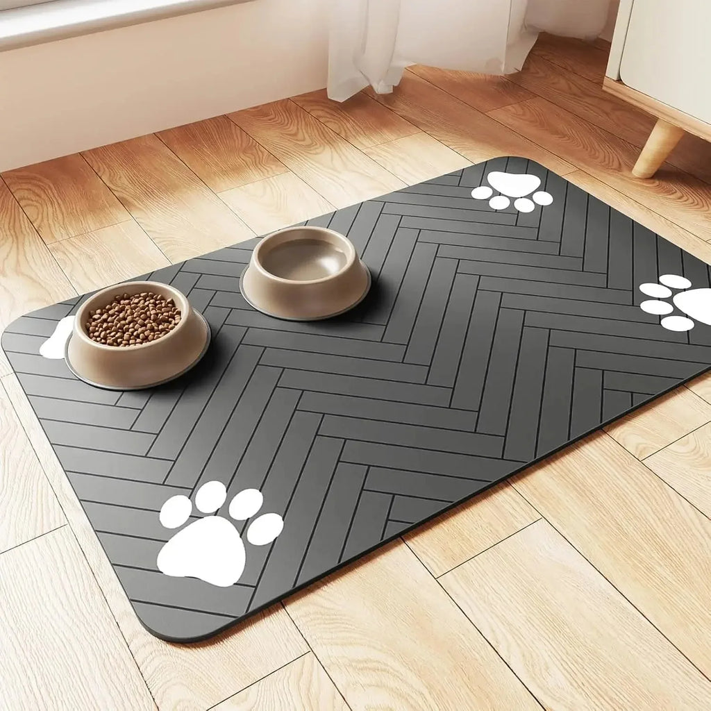 Absorbent Pet Feeding Mat - Quick Dry Waterproof Placemat with Rubber Backing for Food and Water Bowls.