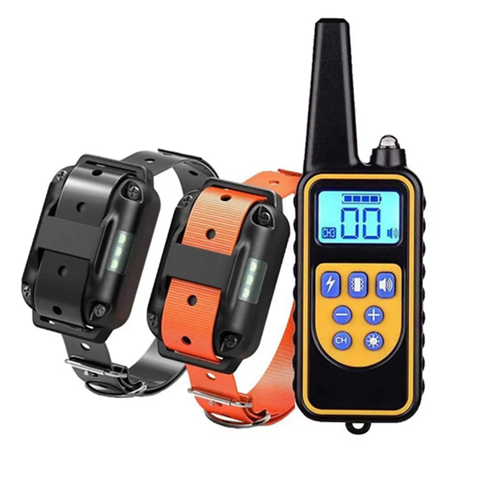 Dog training collar with remote: bark control, electric shock/vibration, 800m range.