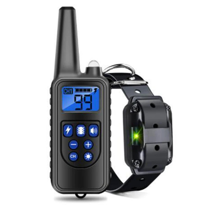 Dog training collar with remote: bark control, electric shock/vibration, 800m range.