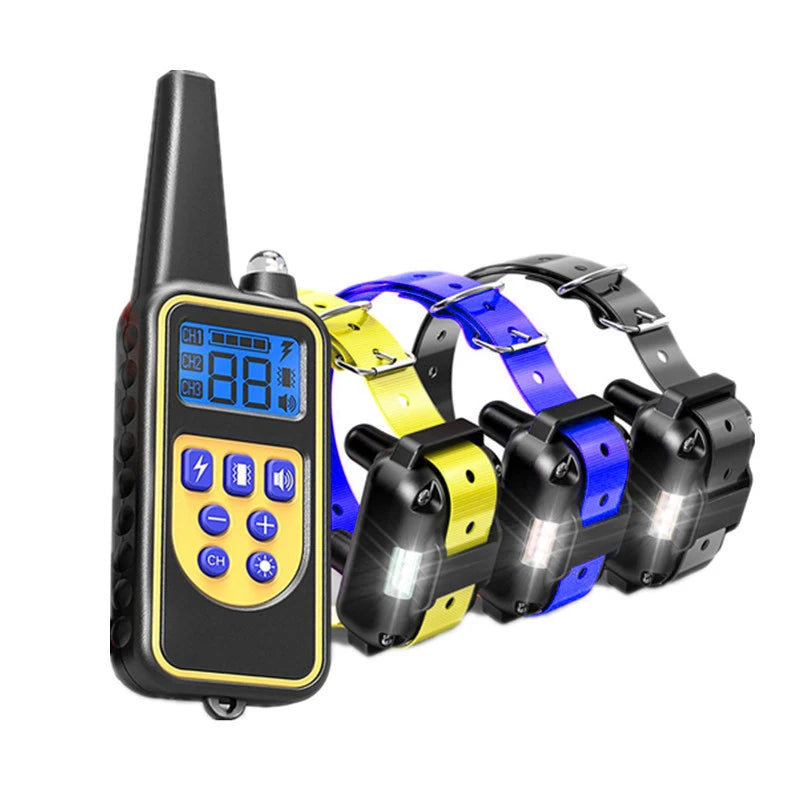 Dog training collar with remote: bark control, electric shock/vibration, 800m range.