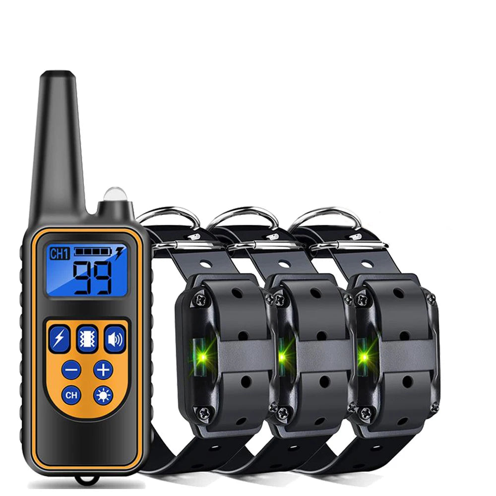 Dog training collar with remote: bark control, electric shock/vibration, 800m range.
