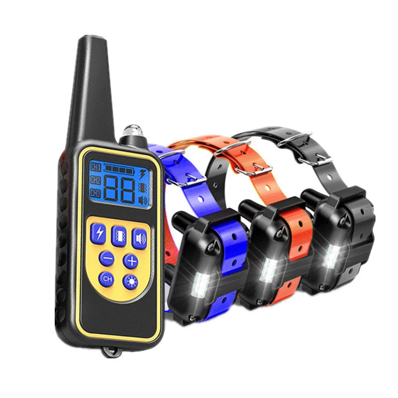 Dog training collar with remote: bark control, electric shock/vibration, 800m range.