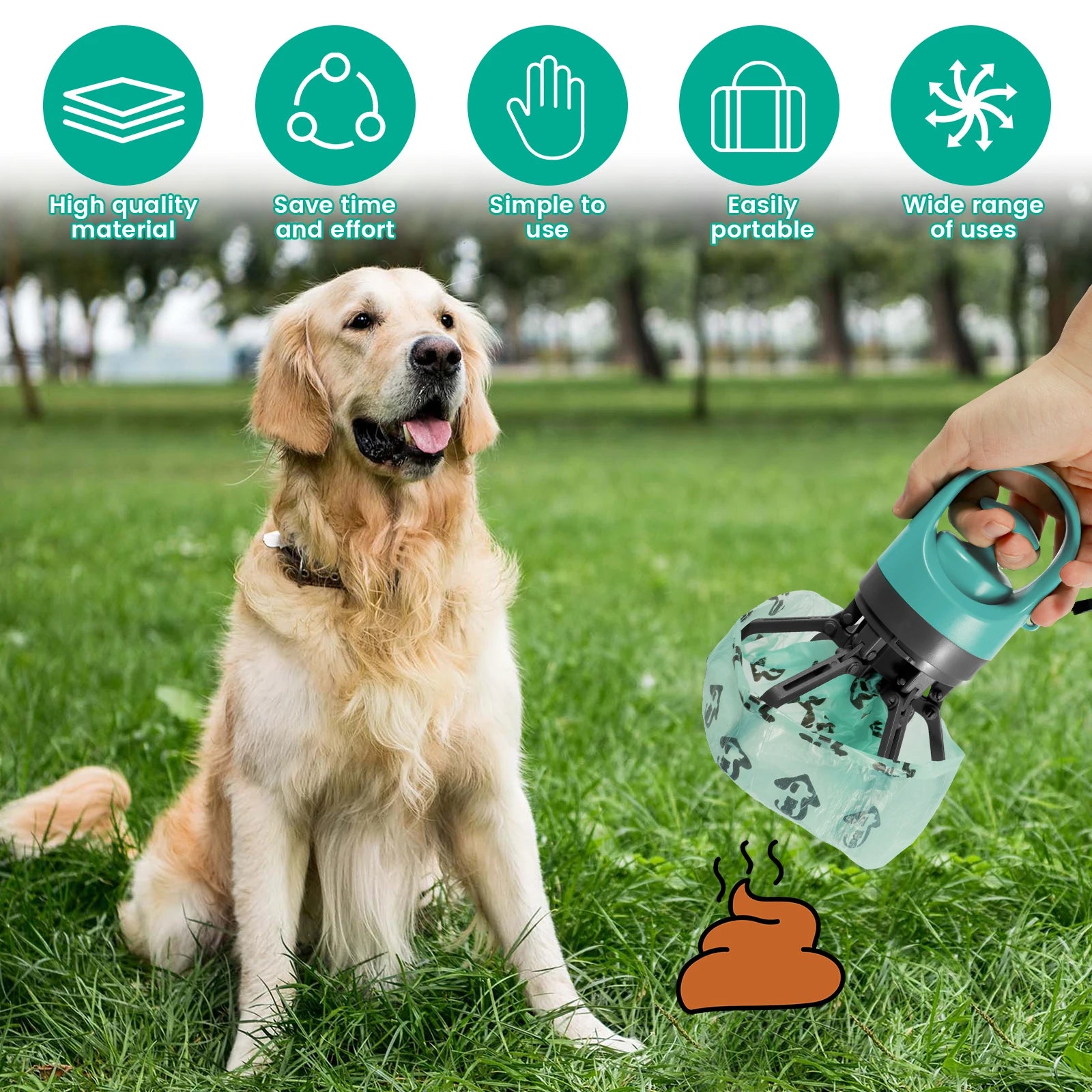 Portable outdoor pet waste claw for easy, hands-free cleanup and disposal into a bag.