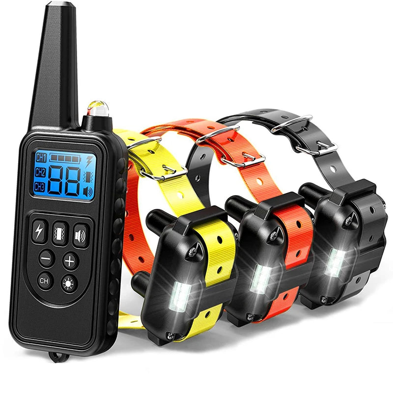 Dog training collar with remote: bark control, electric shock/vibration, 800m range.