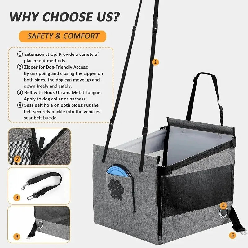 Stable, Waterproof Portable Car Pet Seat with Safety Mesh for Puppy Travel
