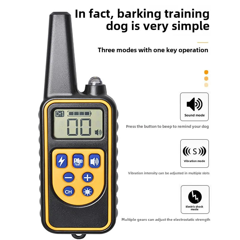 Dog training collar with remote: bark control, electric shock/vibration, 800m range.