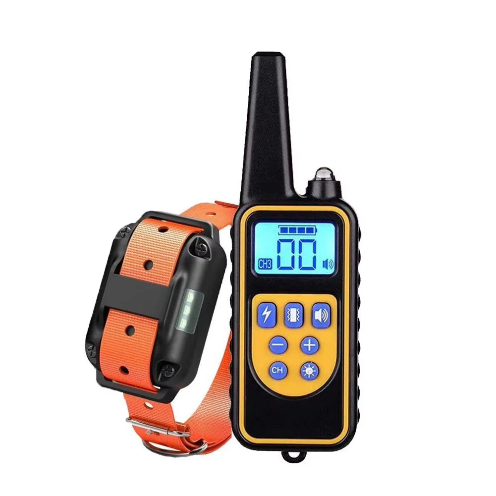 Dog training collar with remote: bark control, electric shock/vibration, 800m range.