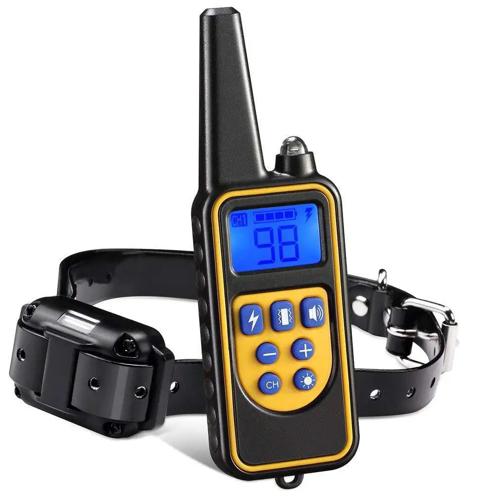 Dog training collar with remote: bark control, electric shock/vibration, 800m range.