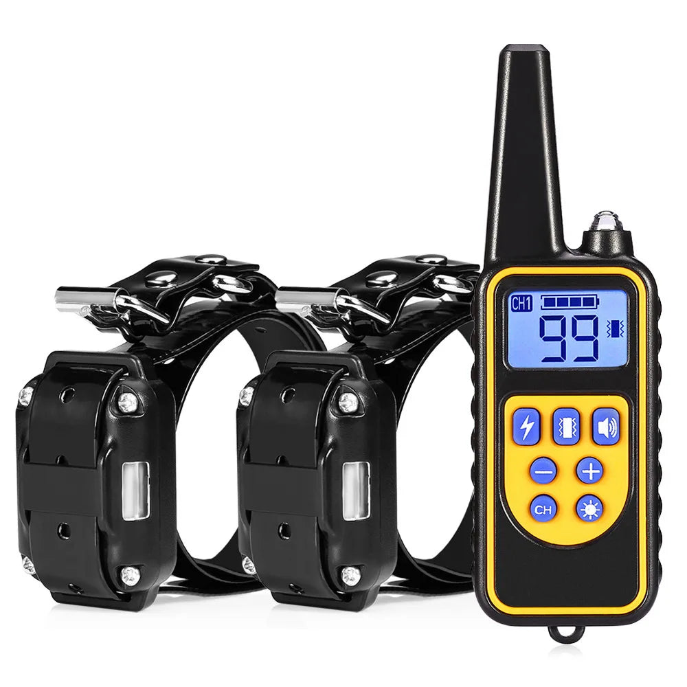 Dog training collar with remote: bark control, electric shock/vibration, 800m range.