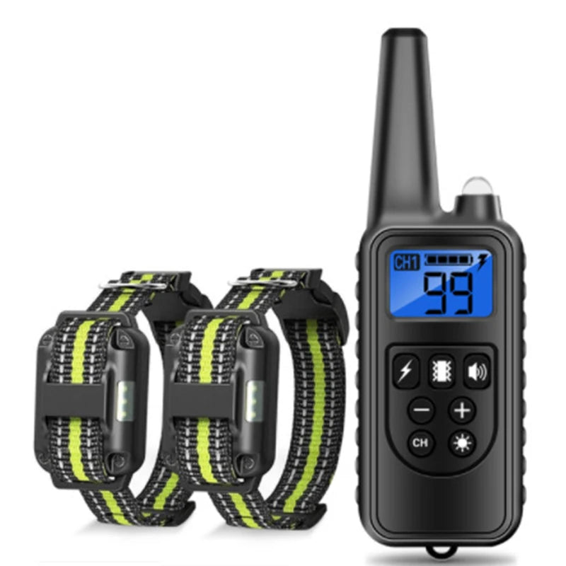 Dog training collar with remote: bark control, electric shock/vibration, 800m range.