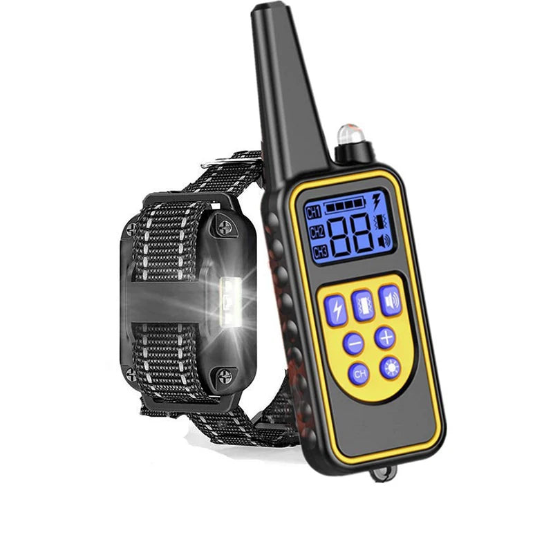 Dog training collar with remote: bark control, electric shock/vibration, 800m range.