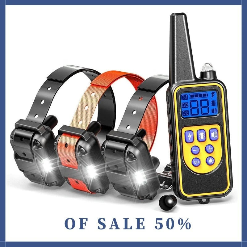 Dog training collar with remote: bark control, electric shock/vibration, 800m range.