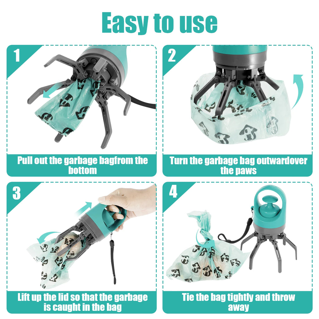 Portable outdoor pet waste claw for easy, hands-free cleanup and disposal into a bag.