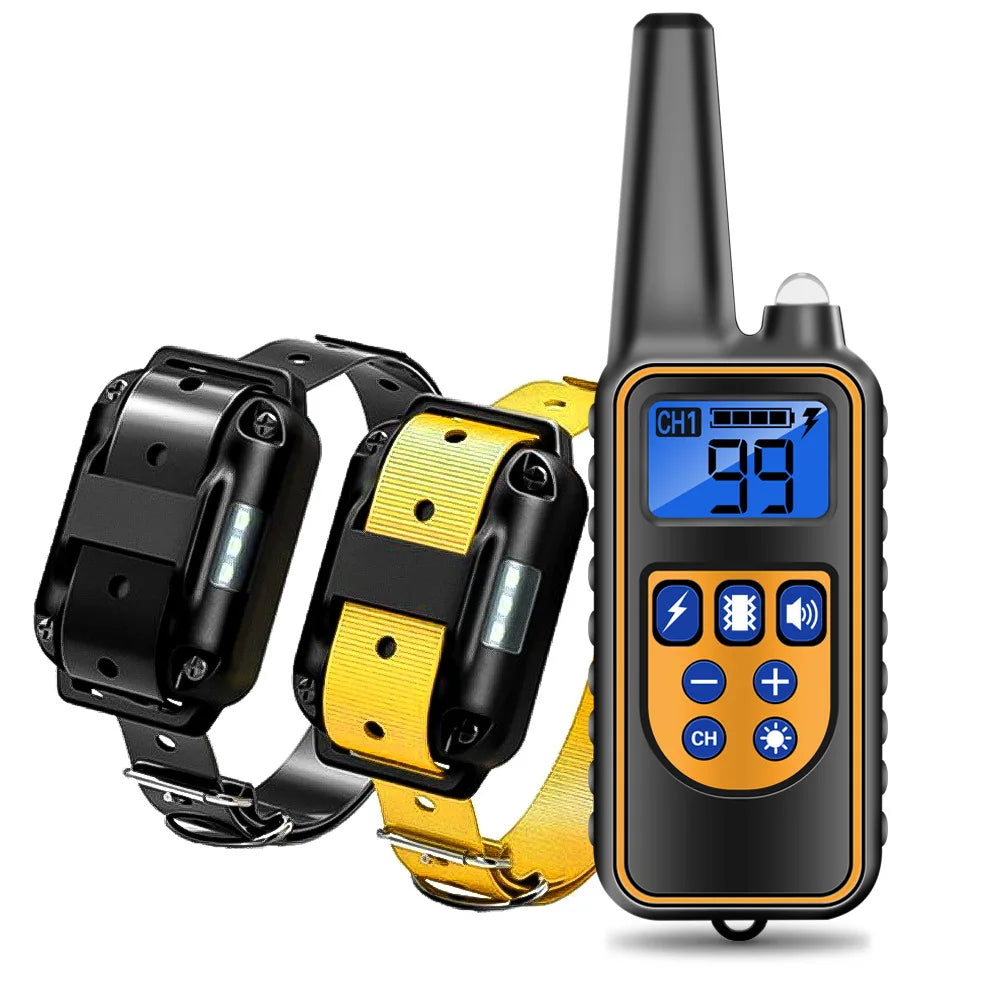 Dog training collar with remote: bark control, electric shock/vibration, 800m range.