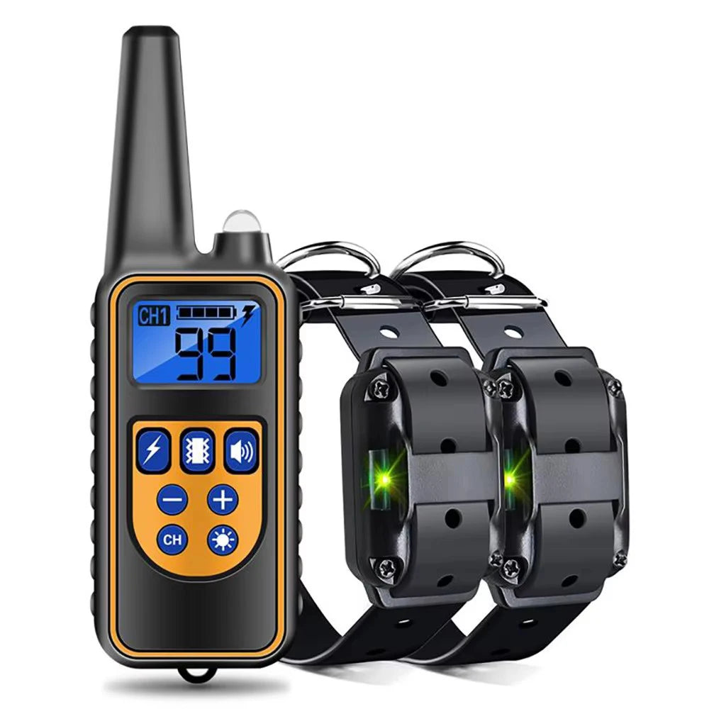 Dog training collar with remote: bark control, electric shock/vibration, 800m range.