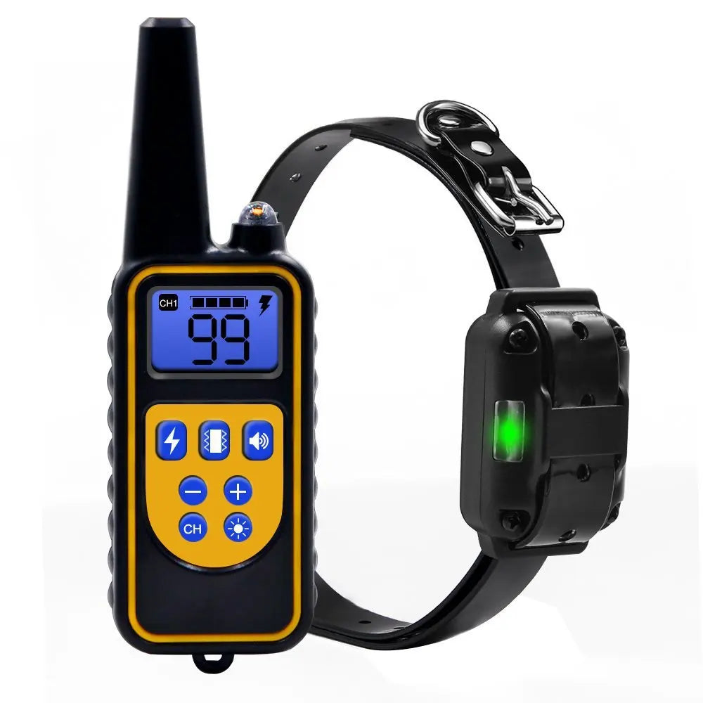 Dog training collar with remote: bark control, electric shock/vibration, 800m range.