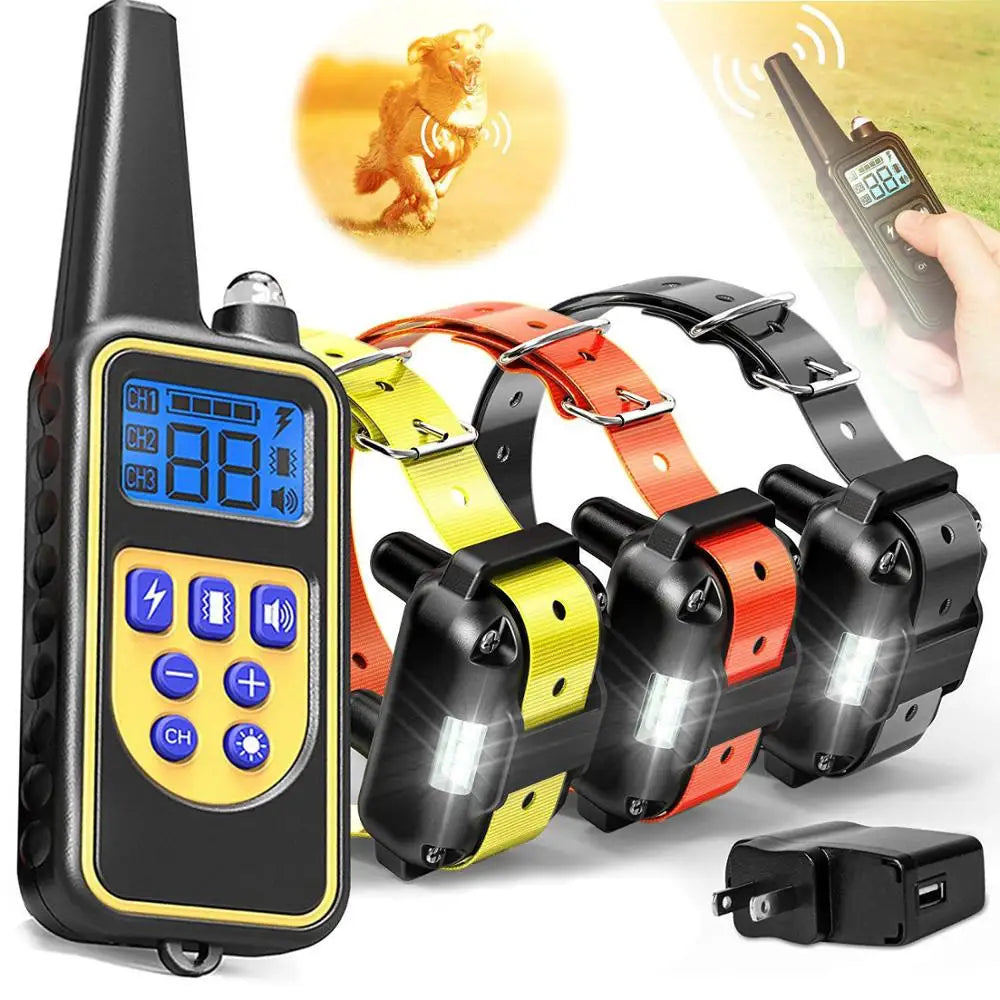 Dog training collar with remote: bark control, electric shock/vibration, 800m range.