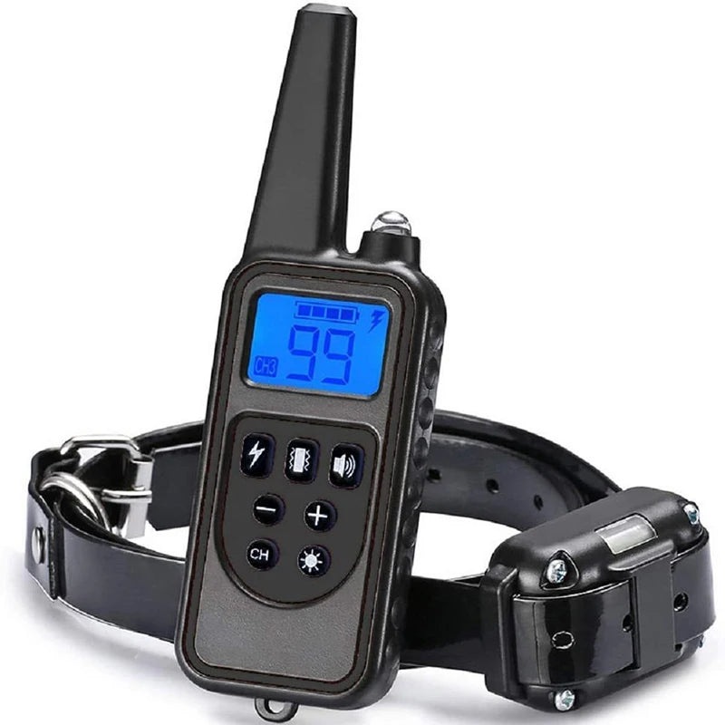 Dog training collar with remote: bark control, electric shock/vibration, 800m range.